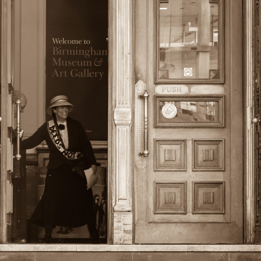Bertha Ryland emerging from the Birmingham museum and art gallery