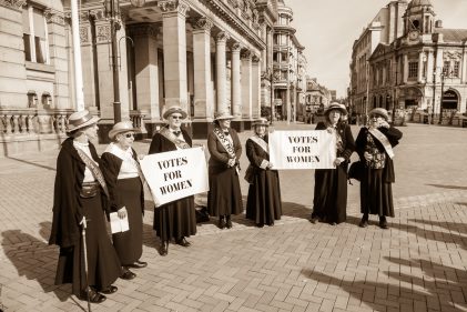 Suffragettes protesting outside Birmingham museum and art gallery: June 1914